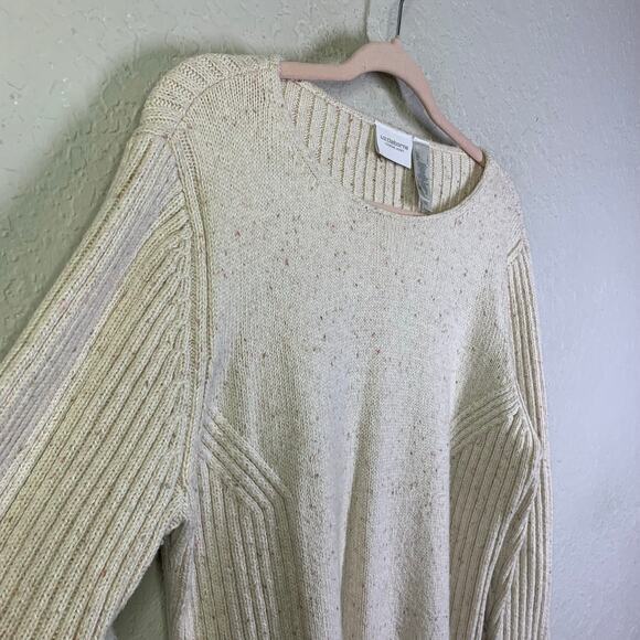 LIZ CLAIBORNE LIZWEAR JEANS Large Cream Moral Ribbed‎ Knit Crew Neck Cotton Wool - Picture 6 of 11
